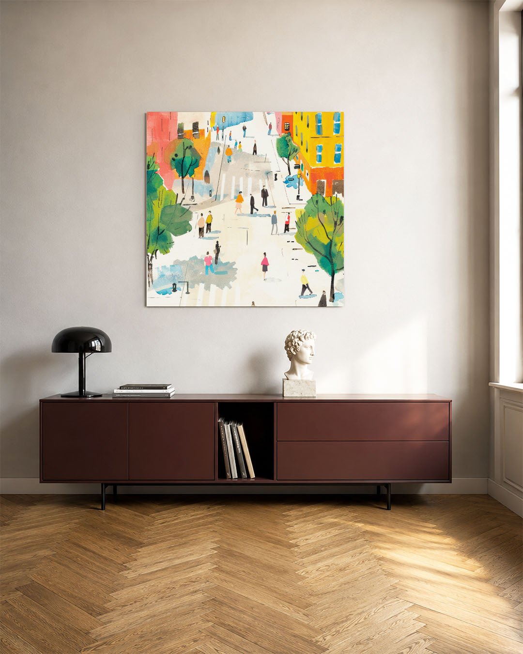 Stadsleven in kleur kunstwerk – tweede productweergave – dit kunstwerk toont een levendige straat met kleurrijke gebouwen en