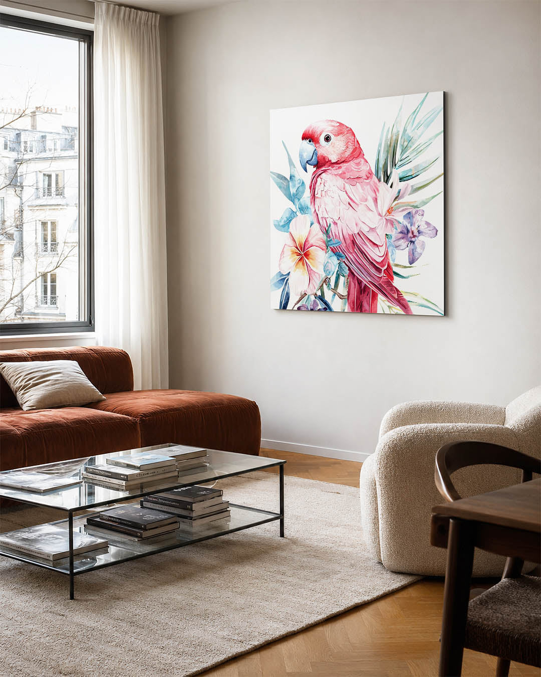 Vrolijke papegaai kunstwerk – vierkante wanddecoratie – dit werk toont een kleurrijke papegaai omringd door bloemen en