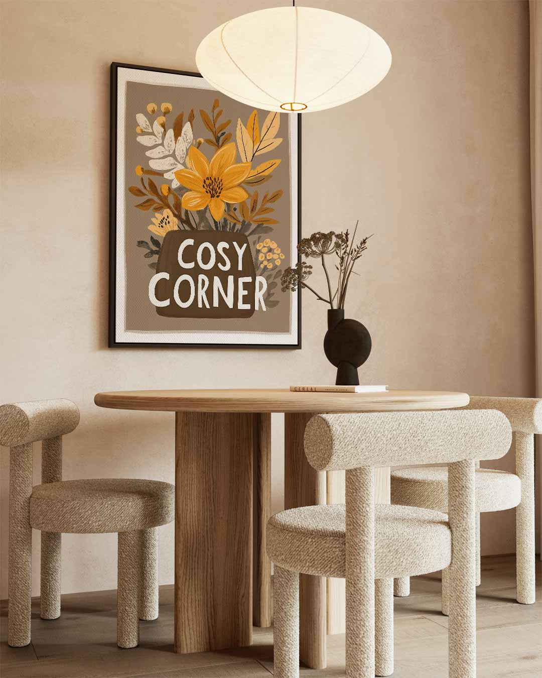 Cosy Corner Bloemenillustratie – kunstwerk met zwarte baklijst