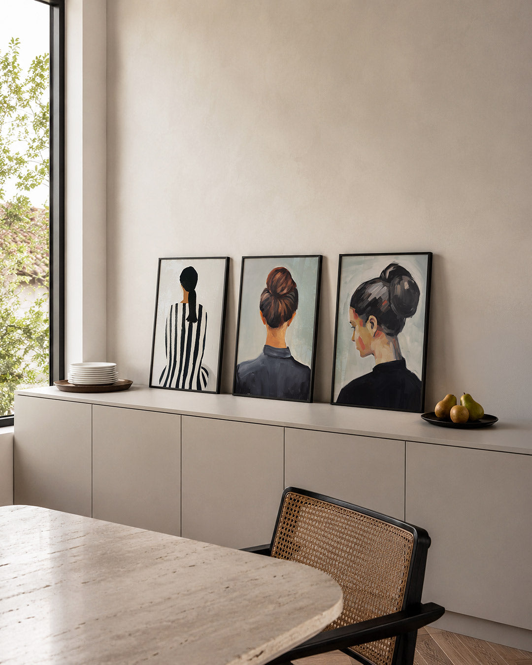 Gestreepte harmonie posterset – detailweergave – een silhouet met een gestreept patroon in zwart en wit