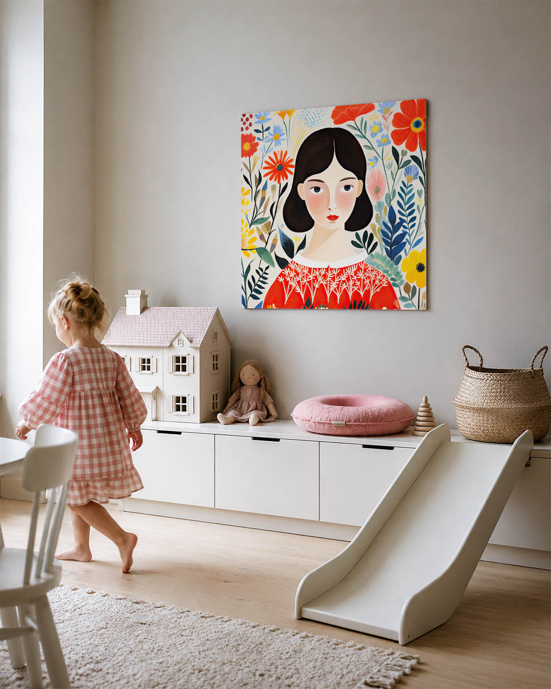 Vrouwelijk bloemenportret kunstwerk – tweede productweergave – een vrouw met donkere haren omringd door kleurrijke bloemen.