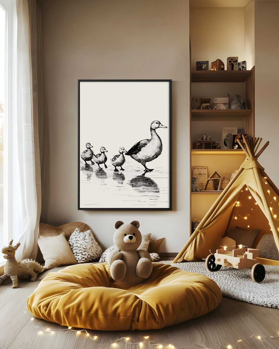 Moeder Eend en Kuikens Wandeling – modern portret kunstwerk van WallArtistic