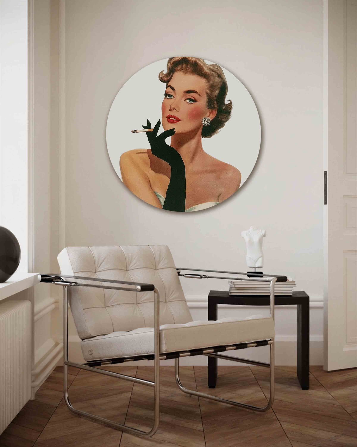 Vrouw met sigaret – Pop Art muurcirkel als ronde wanddecoratie
