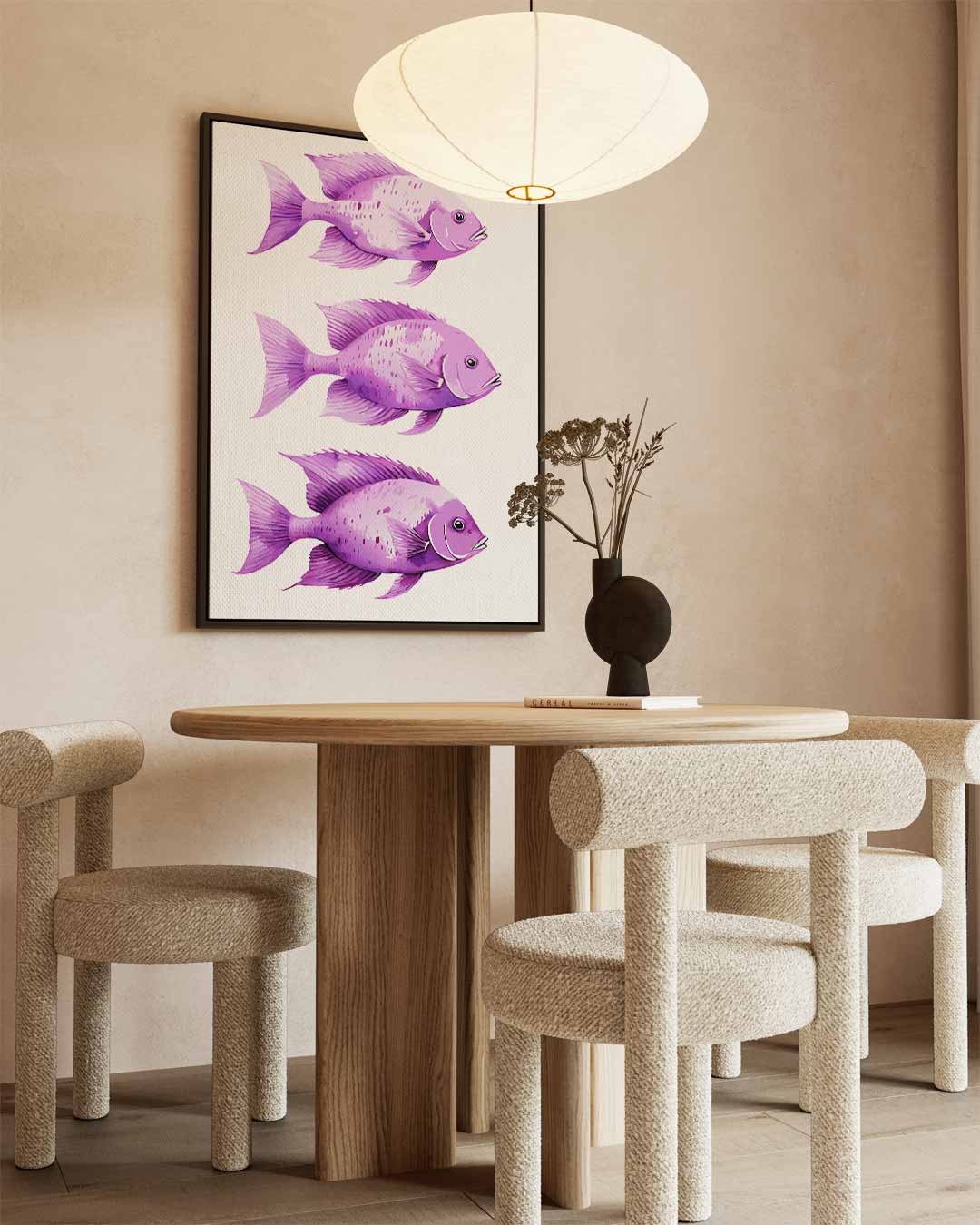 Speelse Paarse Vistrio – staand kunstwerk voor modern interieur