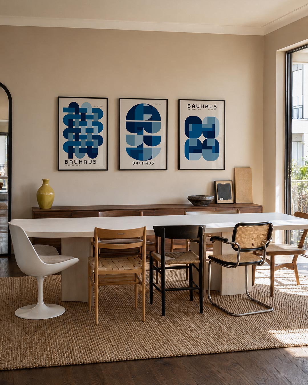 Vlechtwerk in blauw posterset – tweede productweergave – deze posterset in drie delen toont een ritmisch vlechtwerk van