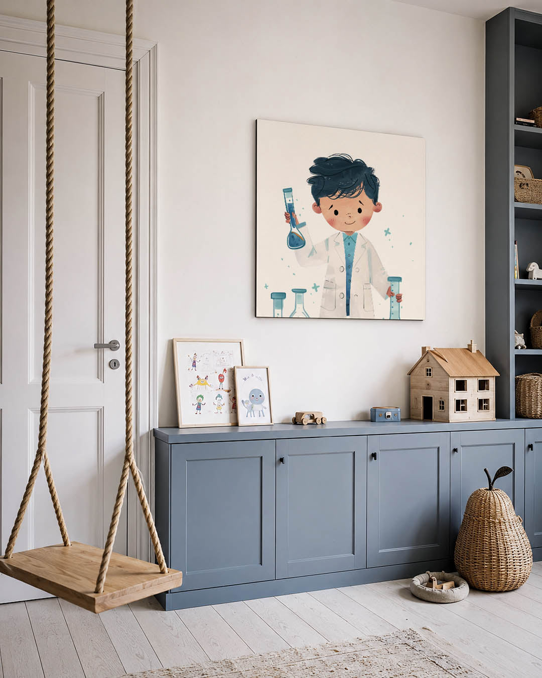 Speelse illustratie kunstwerk – vierkante wanddecoratie – een vrolijke illustratie van een kind in een witte jas met blauwe