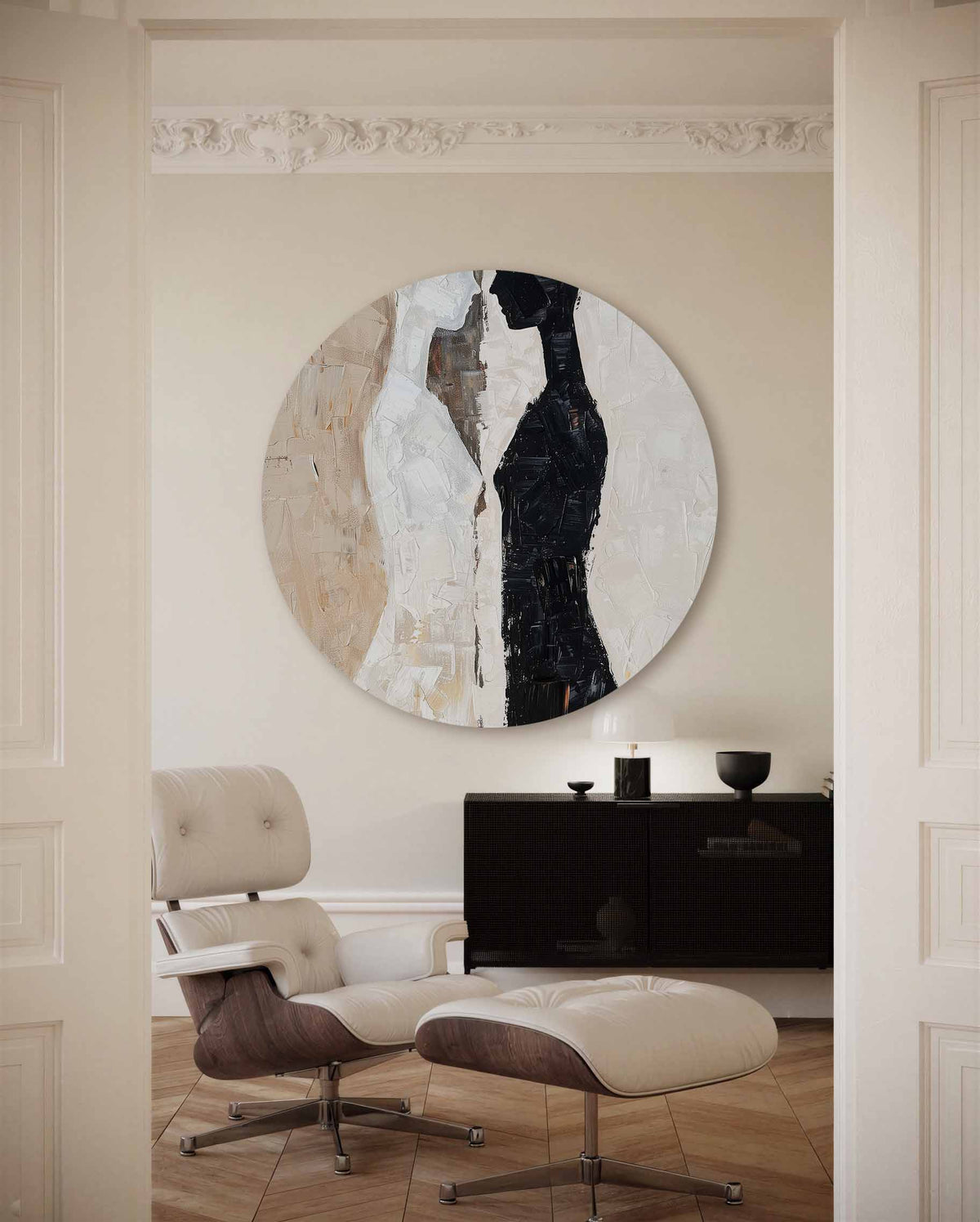 Twee silhouetten – moderne abstracte muurcirkel voor aan de muur