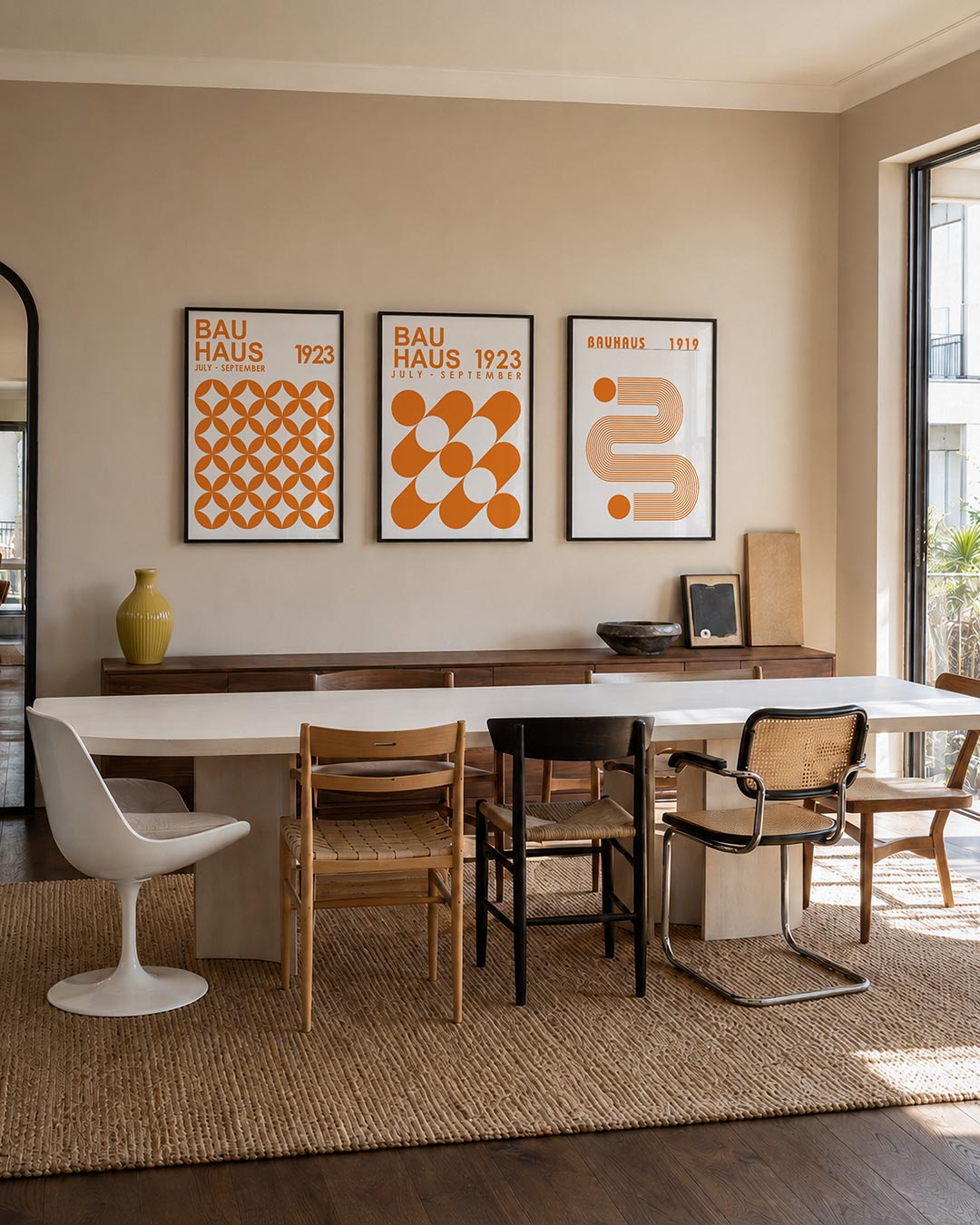 Oranje cirkelpatroon posterset – tweede productweergave – deze posterset in drie delen toont een speels lijnenspel van oranje