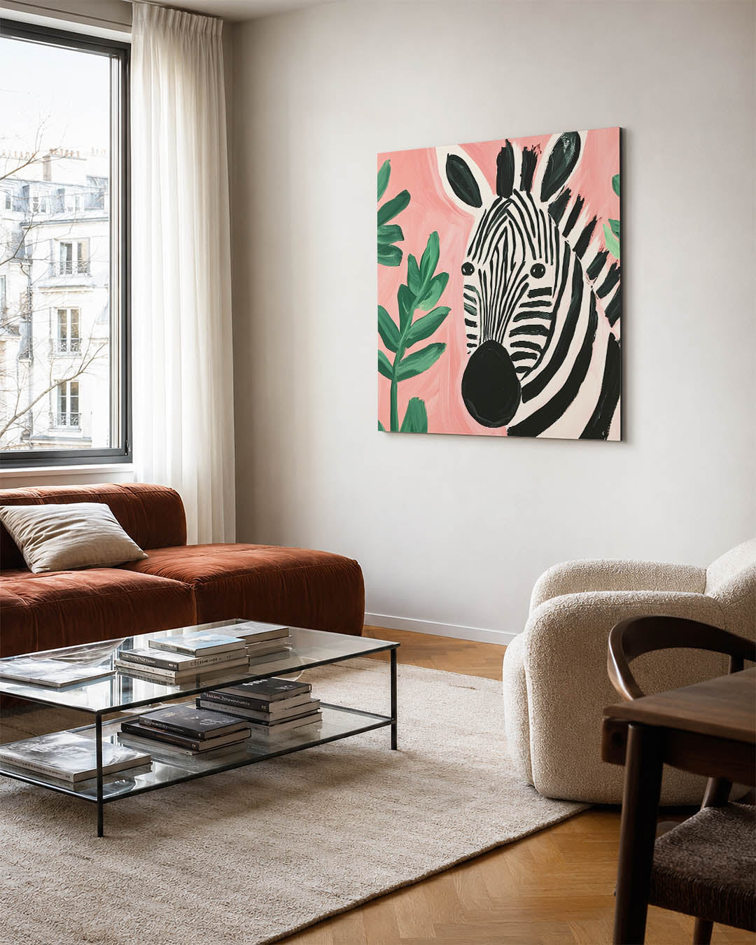 Zebra en bladeren kunstwerk – vierkante wanddecoratie – dit werk toont een zebra met opvallende zwart-witte strepen tegen een