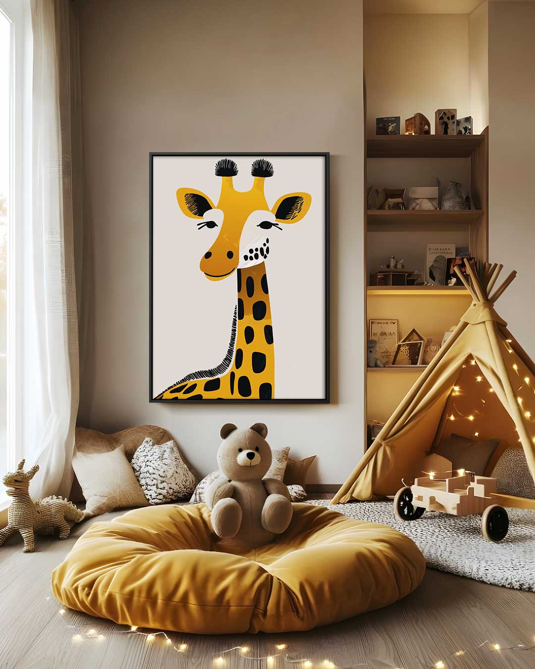 Speelse Giraffe Illustratie – modern portret kunstwerk van WallArtistic