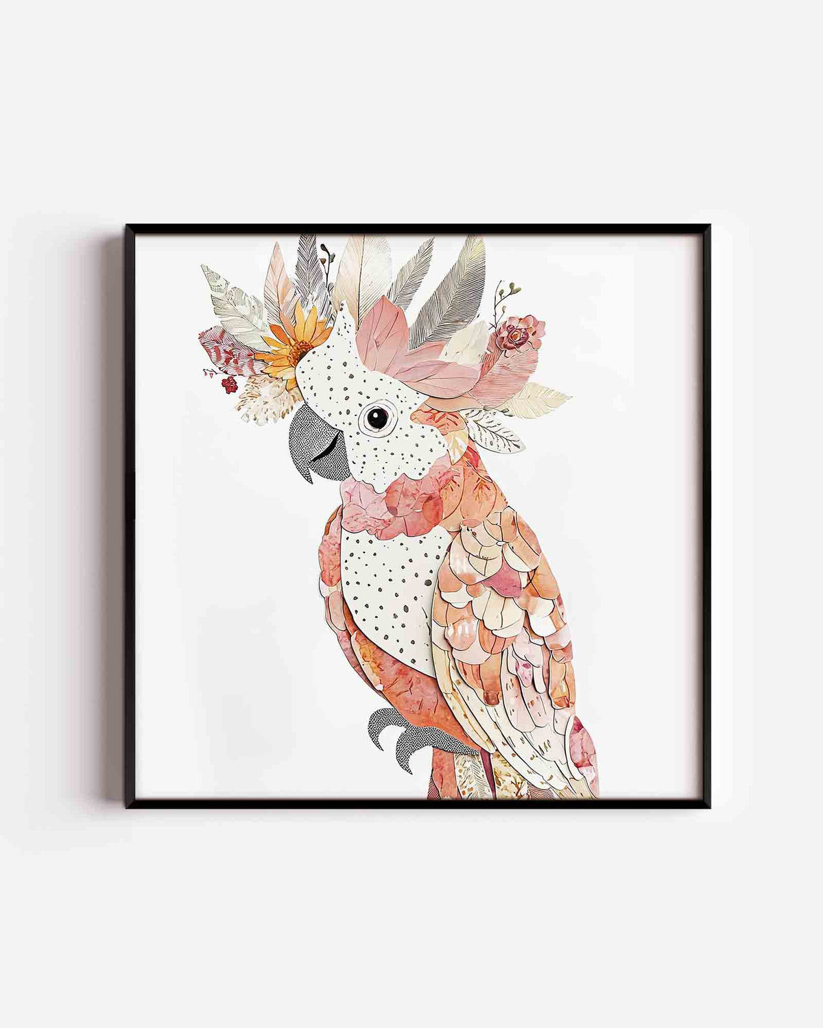 Papegaai met bloemen – vierkante dierenposter als wanddecoratie
