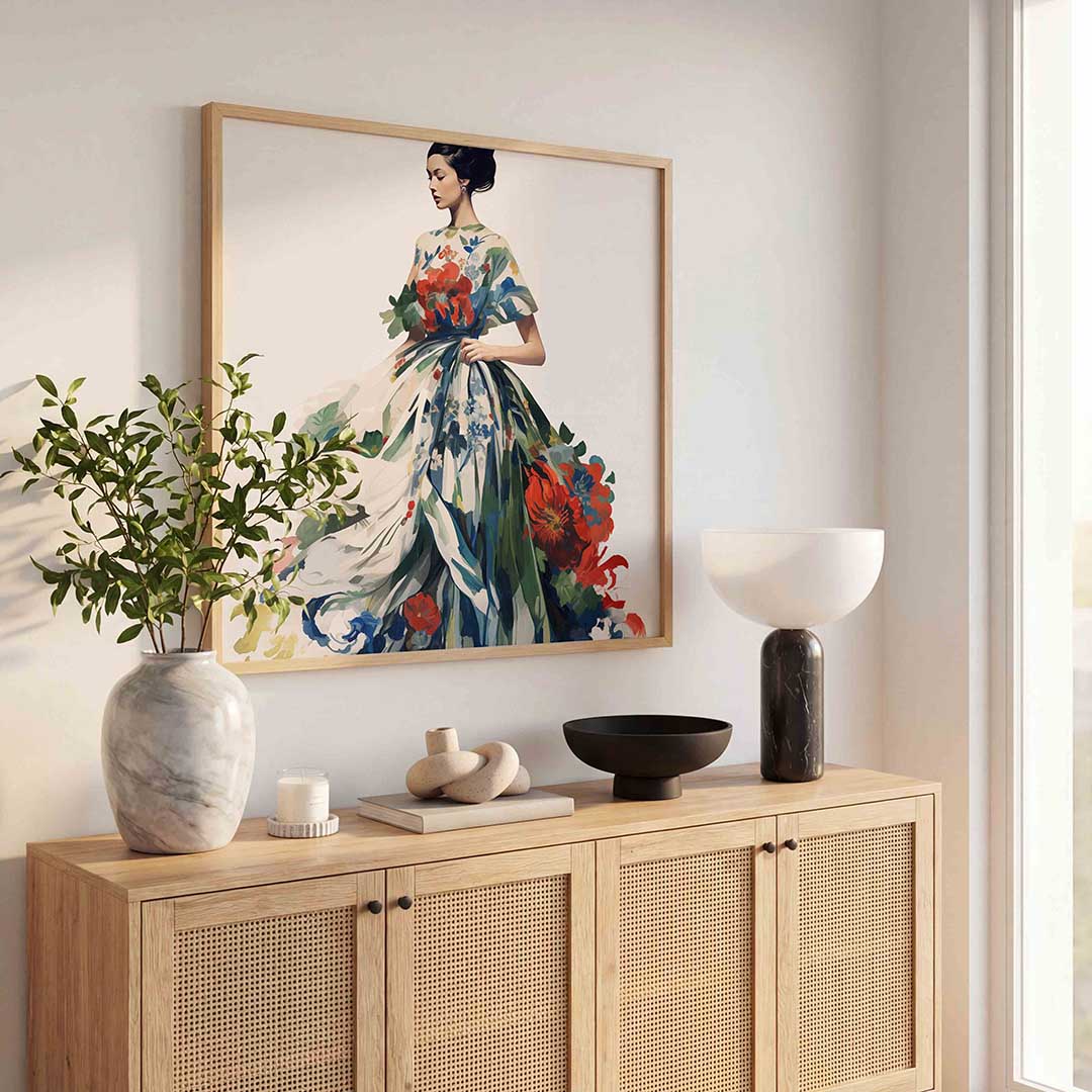 Vrouw met bloemenjurk – illustratie poster in vierkant formaat