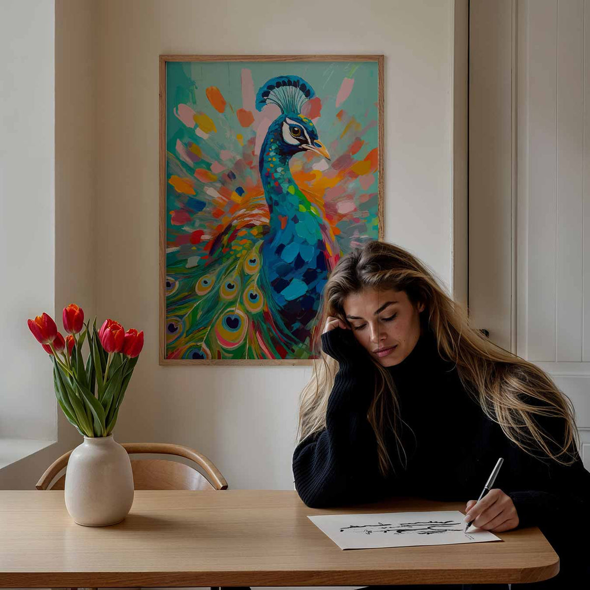 Kleurrijke Pauw Kunstposter – staande dieren wanddecoratie van WallArtistic