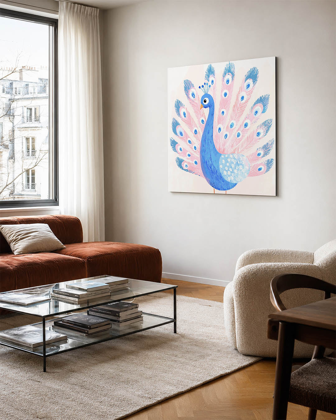 Vrolijke pauw illustratie kunstwerk – vierkante wanddecoratie – dit kunstwerk toont een kleurrijke pauw met een blauwe en