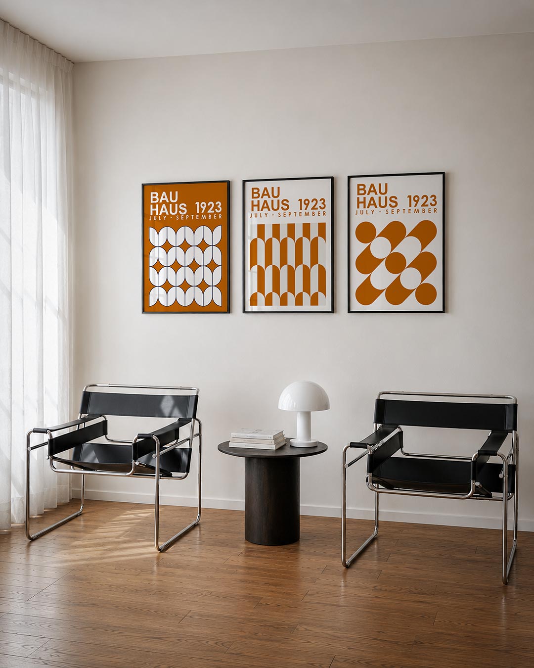 Vorm en kleur driedelige posterset – deze posterset in drie delen toont een ritmisch patroon van witte, halve cirkels en