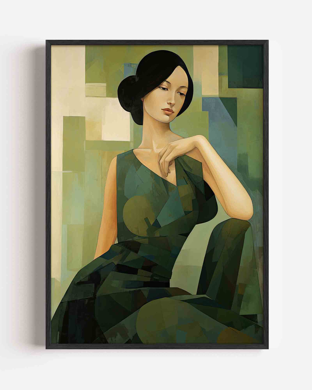 Vrouw in groene tinten – kleurrijke illustratie portret poster als wanddecoratie