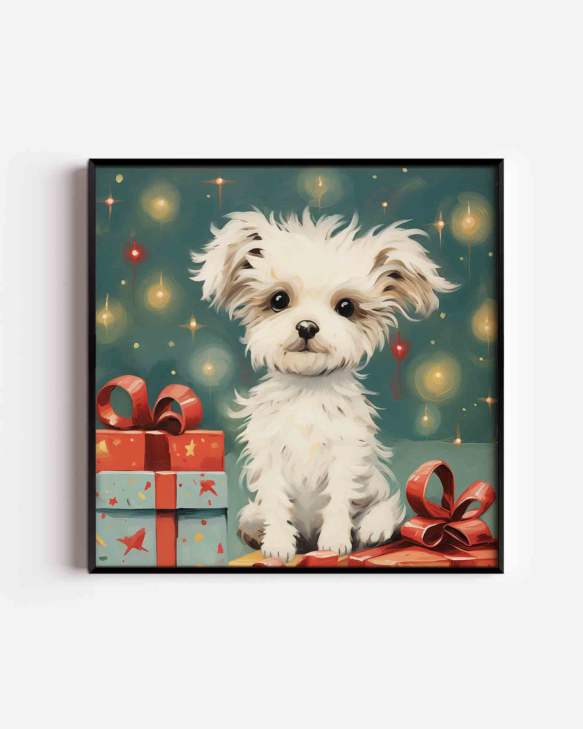 Schattige hond met cadeaus – kerst vierkante poster als wanddecoratie