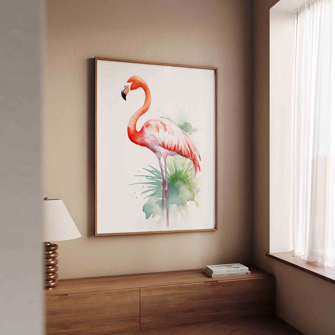 Flamingo met groene bladeren – tropische wandkunst als portret poster