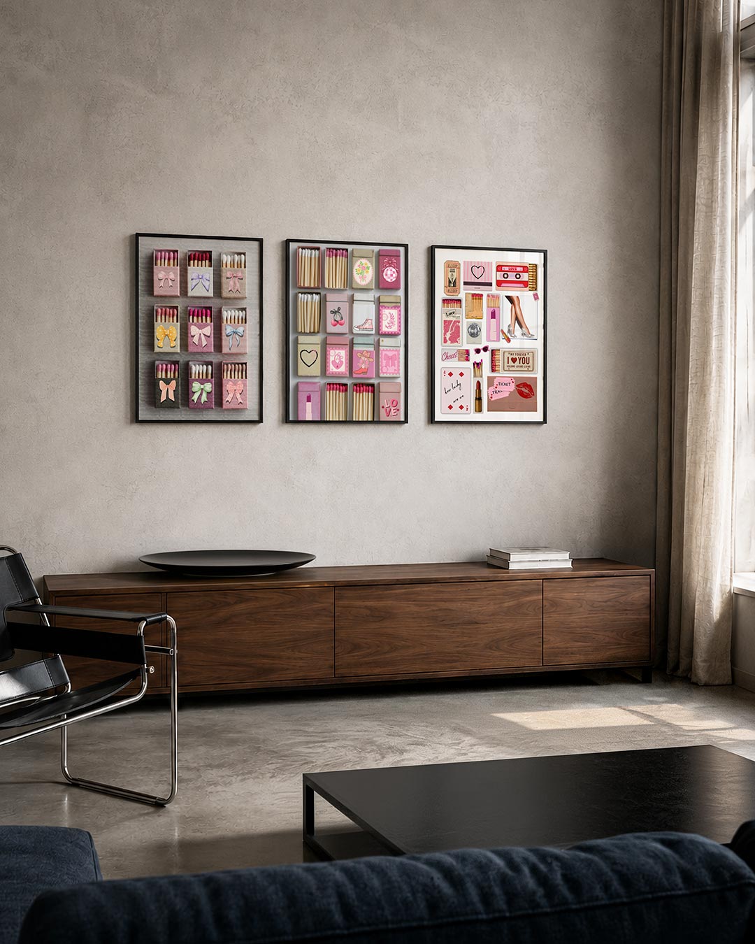 Strikjes en lucifers posterset – tweede productweergave – deze driedelige postercombinatie toont negen luciferdoosjes