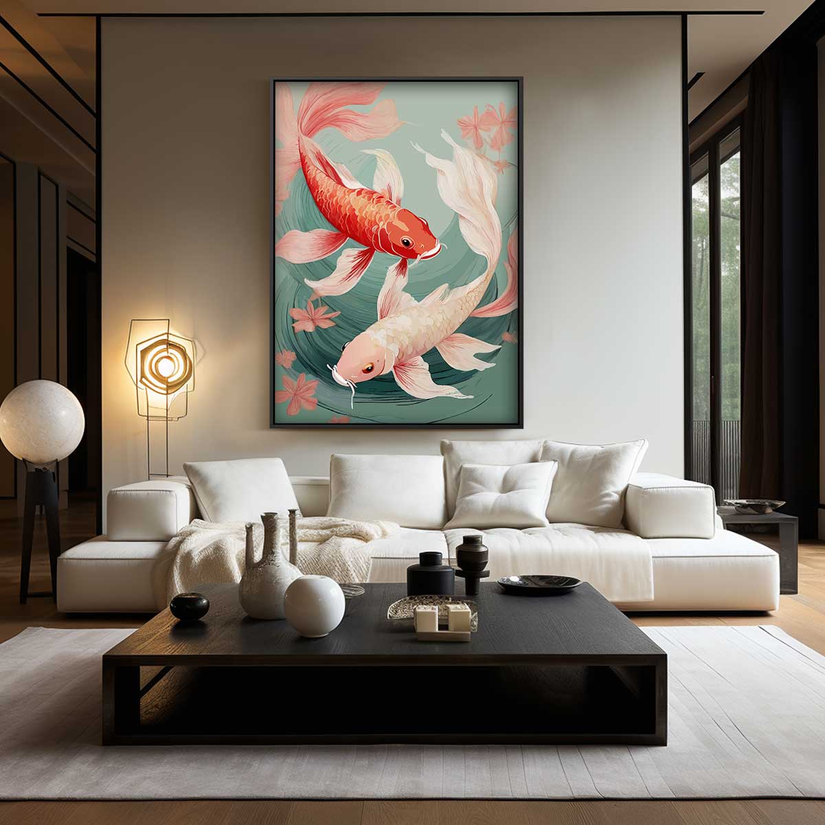Koi Vissen in Stroom – kunstwerk met zwarte baklijst