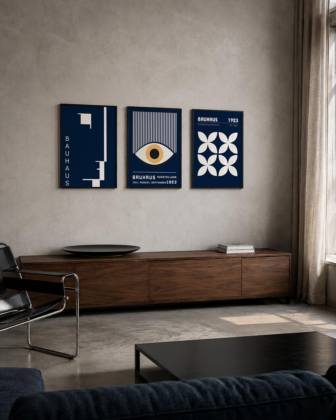 Strakke lijnenspel posterset – tweede productweergave – donkerblauwe achtergrond met witte, geometrische vormen en lijnen.