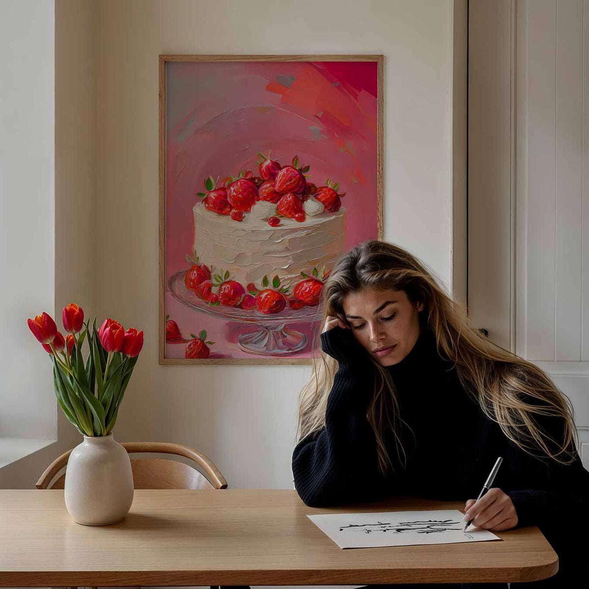 Zomerse Aardbeientaart Kunstposter – keuken portret poster, afbeelding 7