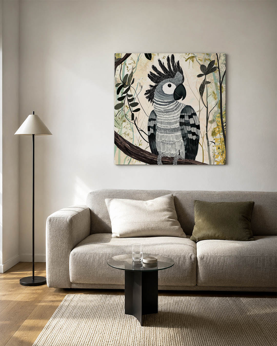 Vogelsilhouet in bos kunstwerk – detailweergave – dit werk toont een gedetailleerde vogel met zwart-witte veren, zittend op