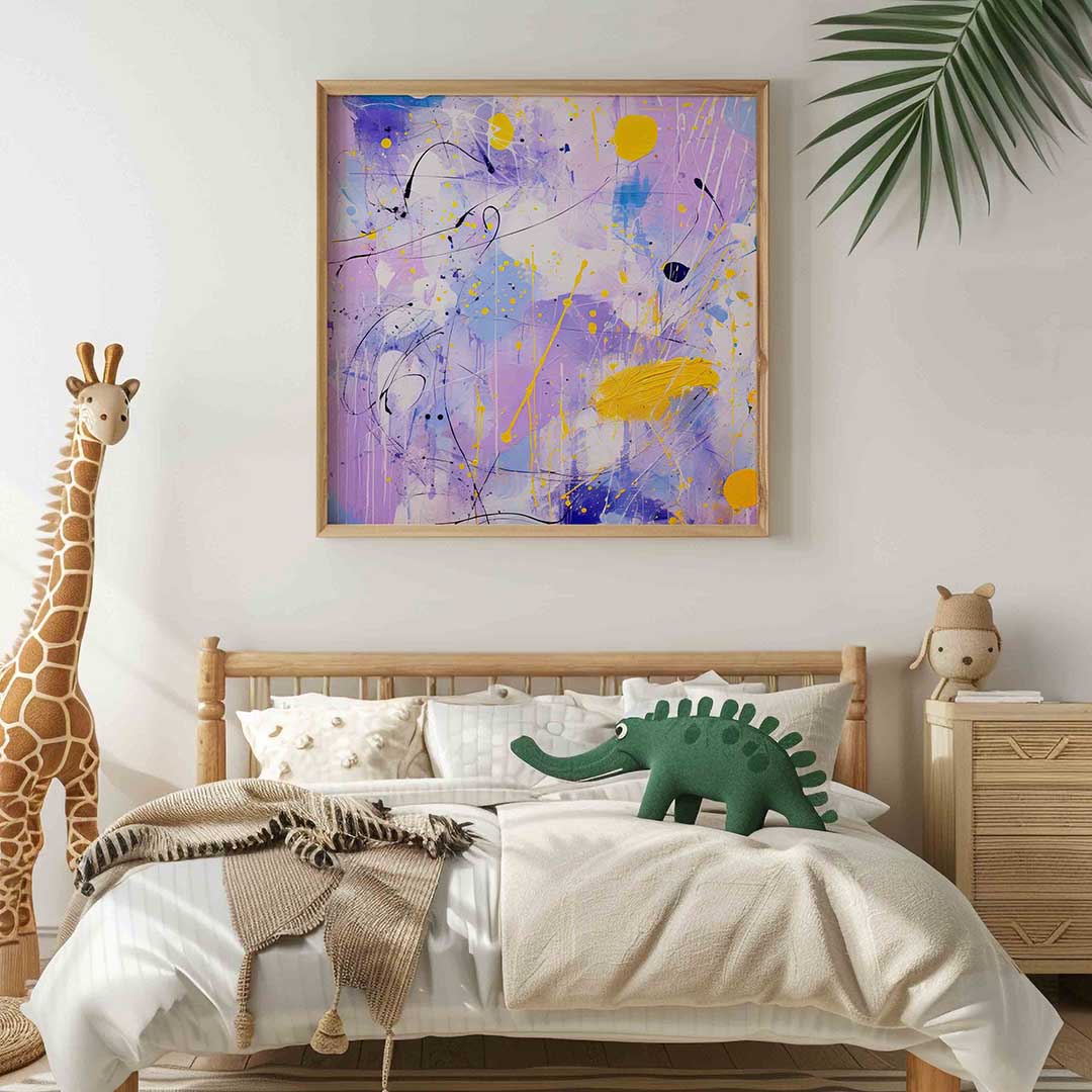 Abstracte paarse en gele – vierkante kinderkamer wanddecoratie van WallArtistic