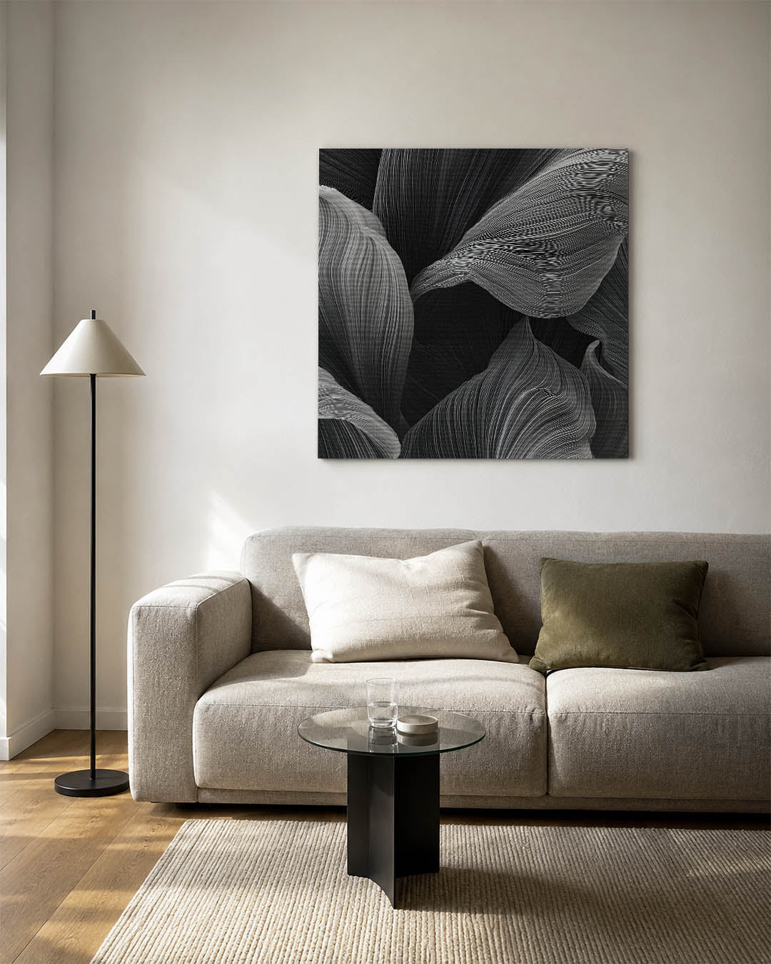 Golvende lijnen kunstwerk – vierkante wanddecoratie – dit werk toont vloeiende, golvende lijnen in zwart-wit, die een