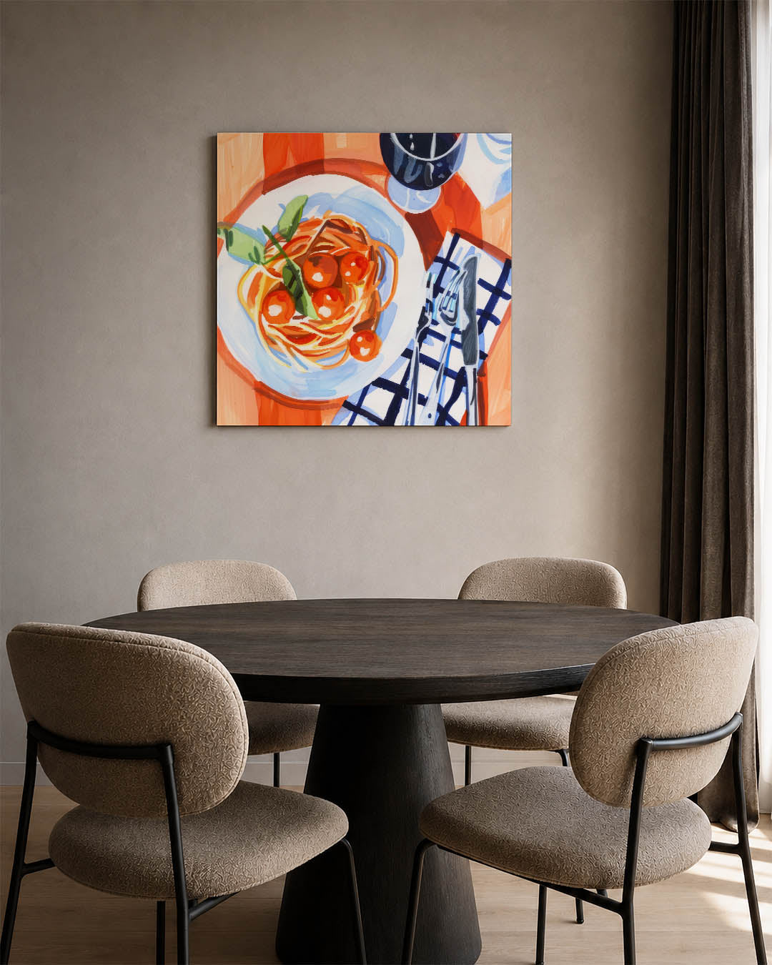 Dynamisch eettafereel kunstwerk – vierkante wanddecoratie – dit kunstwerk toont een kleurrijk tafereel met een bord