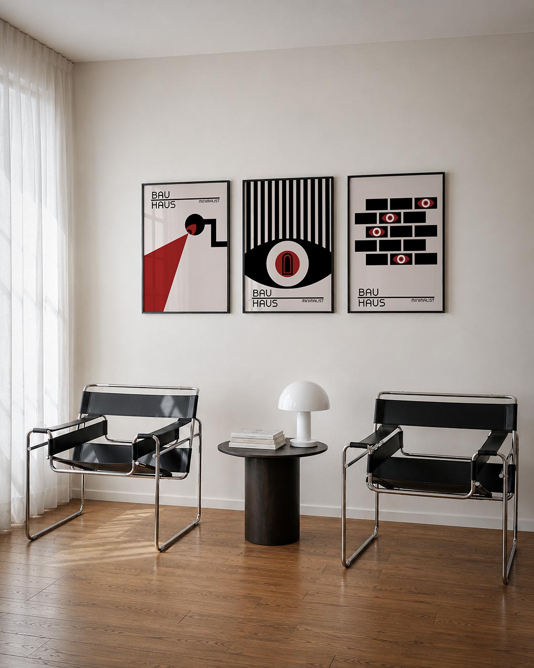 Lijnen en vlakken driedelige posterset – deze posterset in drie delen toont een spel van zwarte lijnen en rode vlakken op een