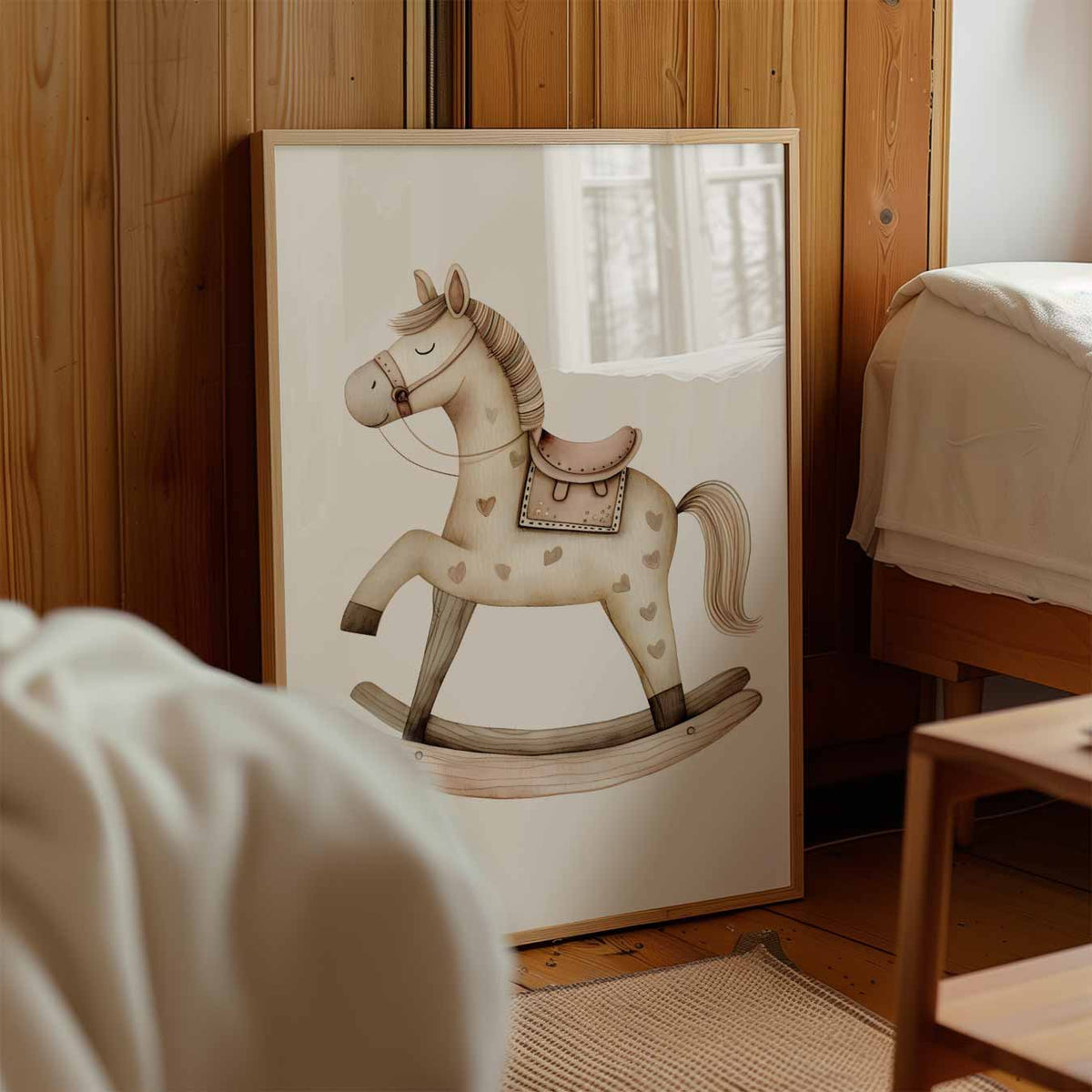 Dromerige Houten Hobbelpaard – staande muurposter voor de kinderkamer