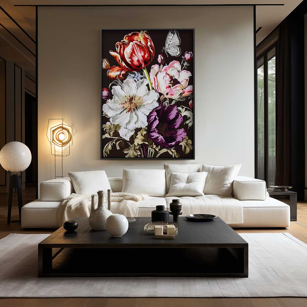 Bloemenpracht met Vlinder – dibond wanddecoratie in staand formaat