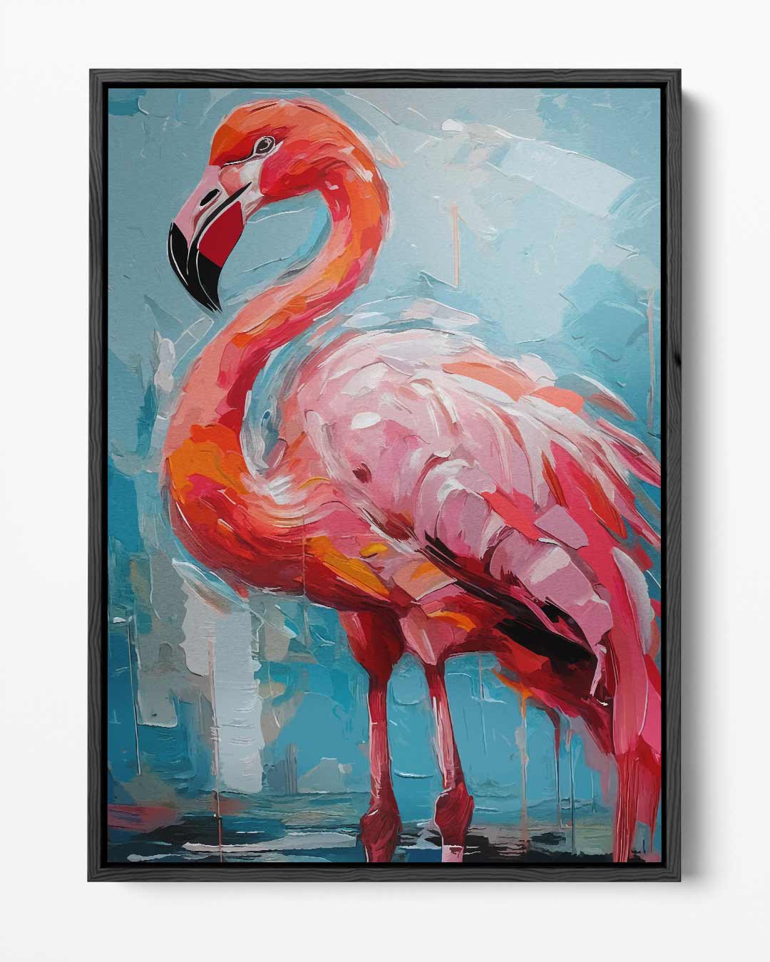 Vrolijke Flamingo op Blauw – portret kunstwerk als wanddecoratie