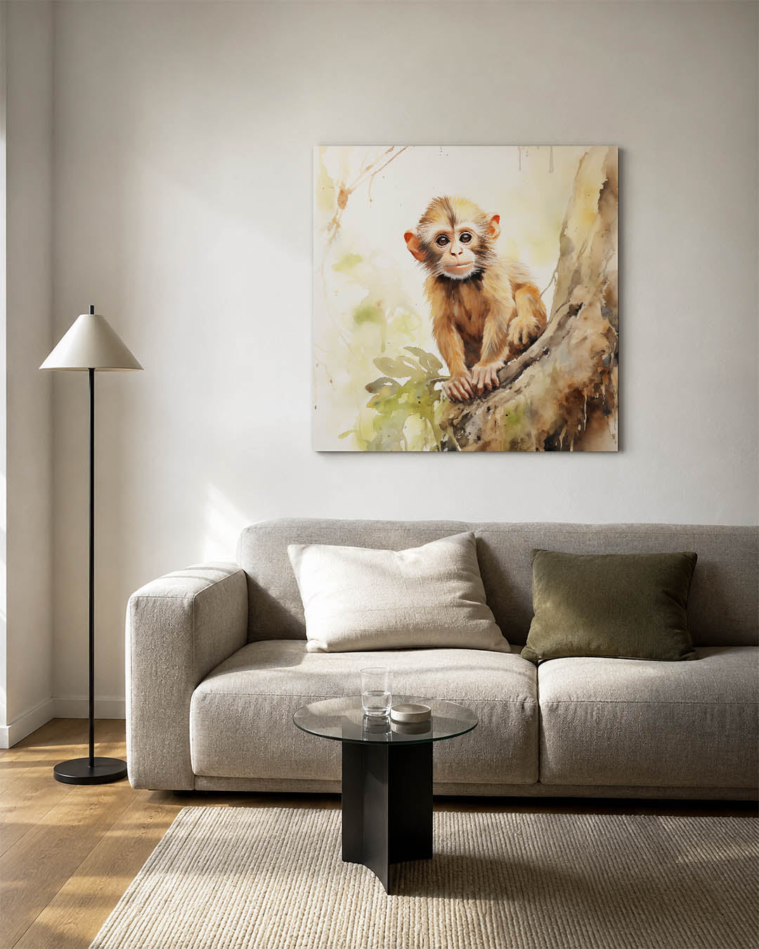 Jonge aap op boom kunstwerk – detailweergave – dit werk toont een jonge aap op een boomstam, omringd door zachte kleuren en