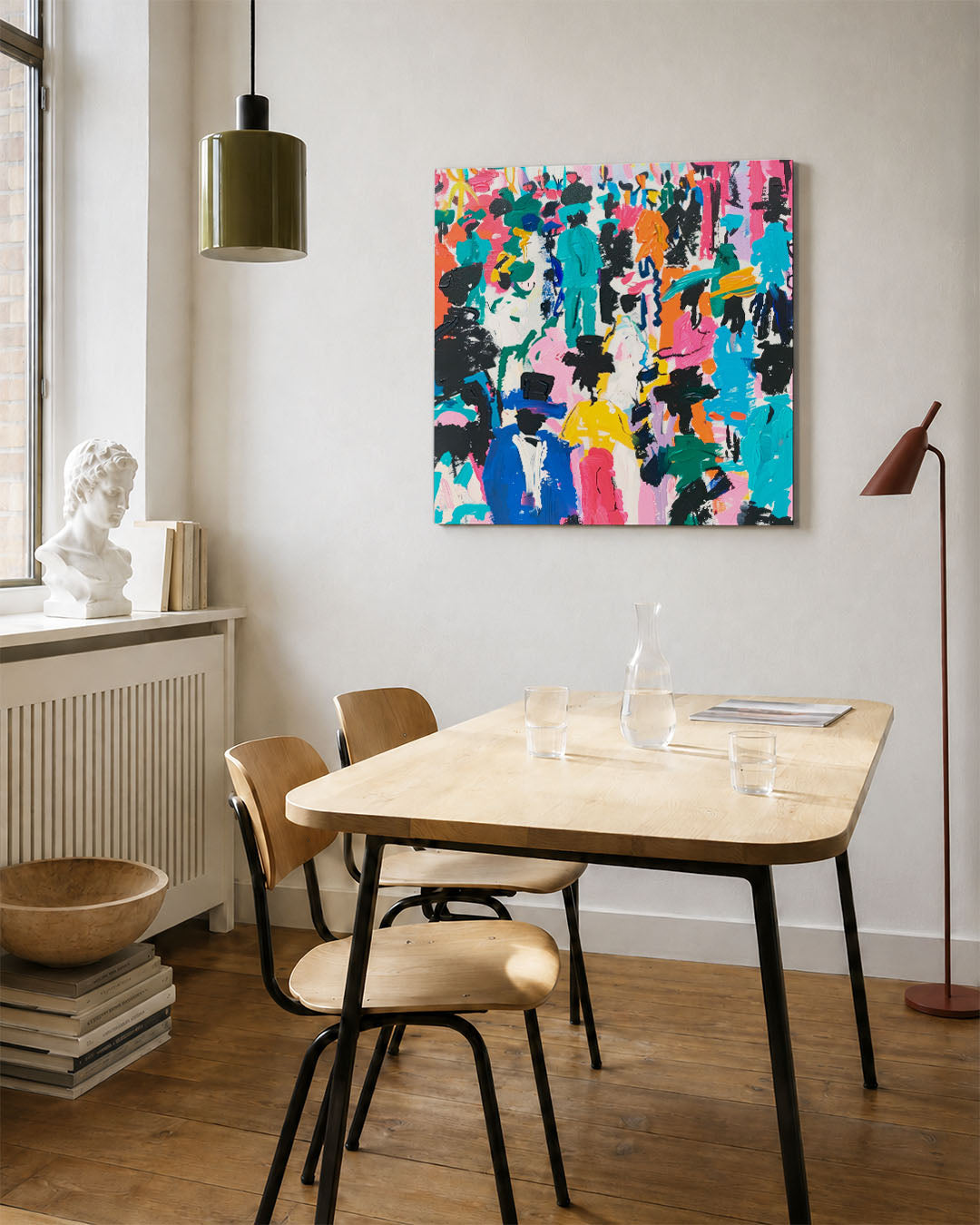 Kleurrijke figuren kunstwerk – vierkante wanddecoratie – dit werk toont een dynamische compositie van kleurrijke, abstracte