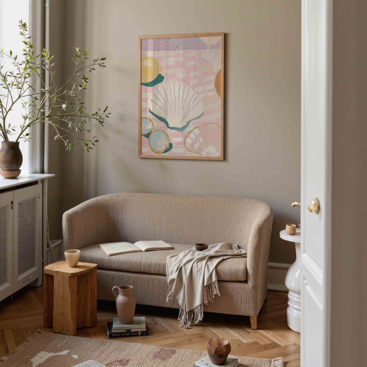 Schelpen en citroen – pastel poster in staand formaat