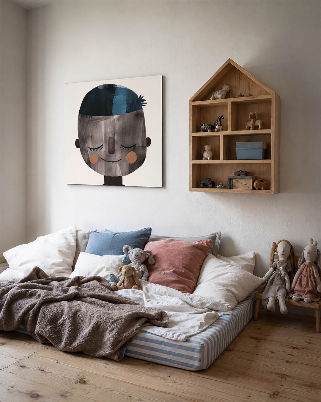 Vrolijk gezicht portret kunstwerk – derde productweergave – dit werk toont een eenvoudig, vrolijk gezicht met gesloten ogen.