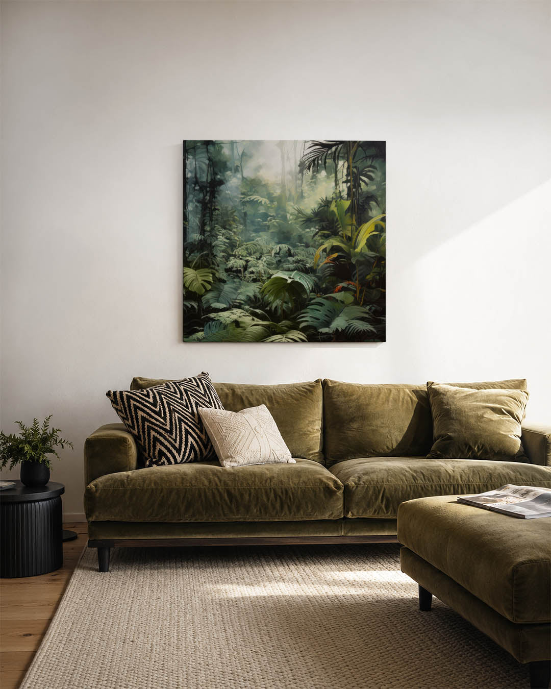 Weelderig bladgroen kunstwerk – sfeerbeeld – dit kunstwerk toont een dichte jungle met weelderige bladeren en een mysterieuze
