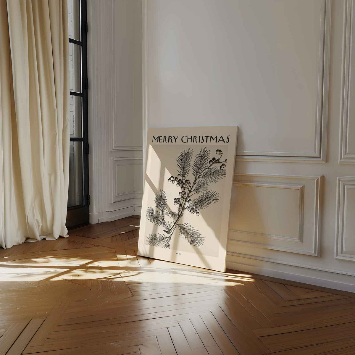 Vintage Kerstkaart met Dennen en Bessen – dibond kunstwerk als wanddecoratie