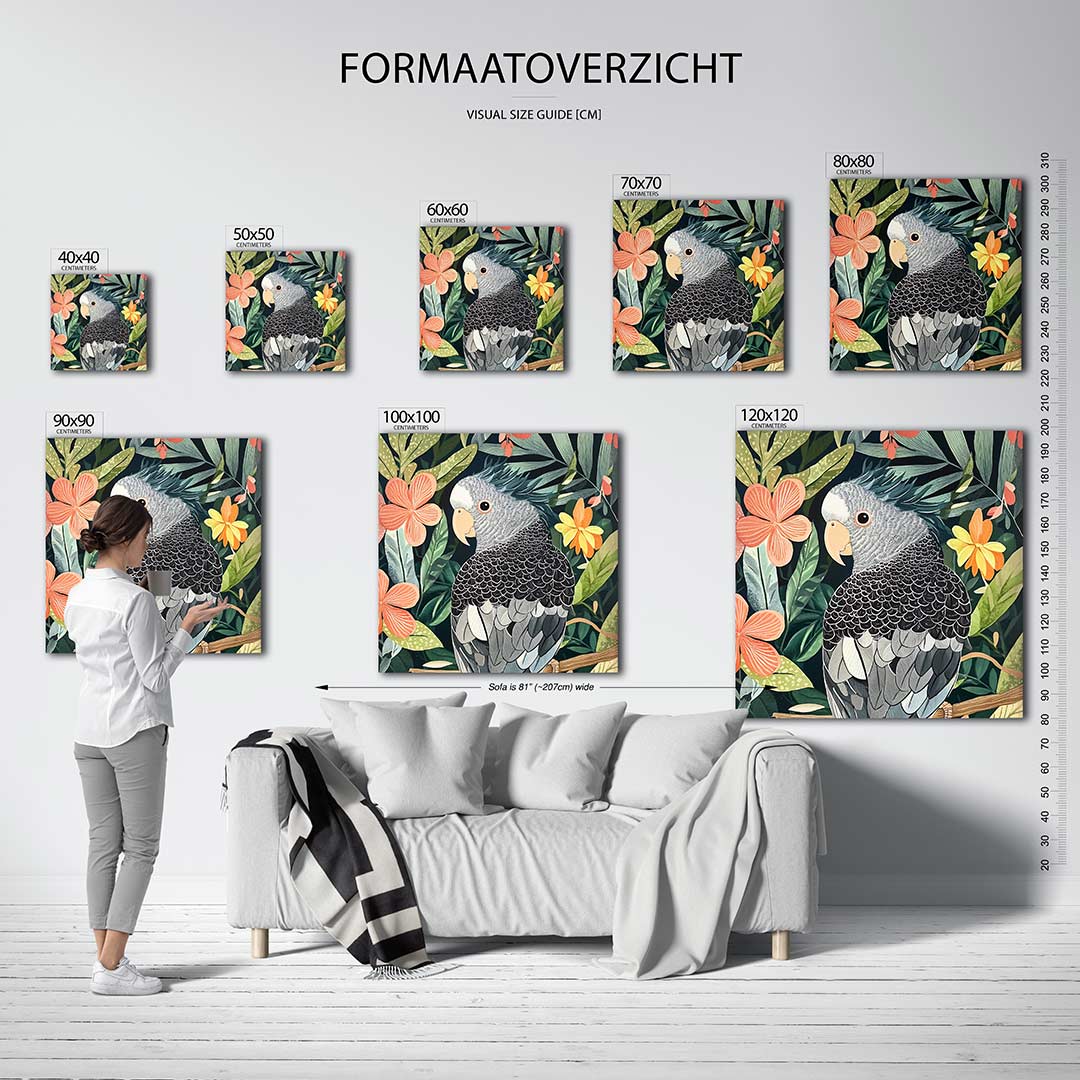 Vrolijke papegaai kunstwerk – dit kunstwerk toont een gedetailleerde papegaai omringd door kleurrijke bloemen en bladeren