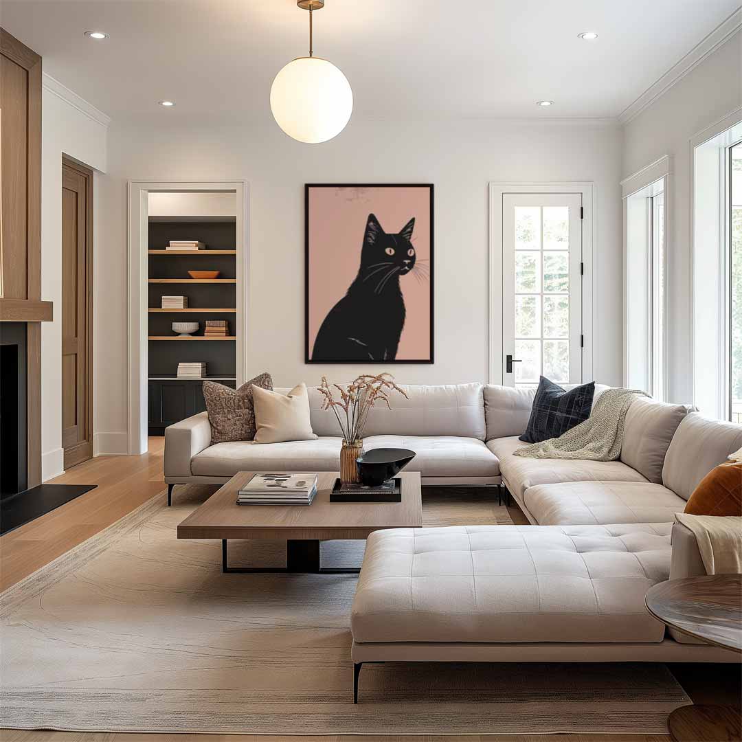 Stijlvolle Zwarte Kat Illustratie – dibond wanddecoratie in staand formaat