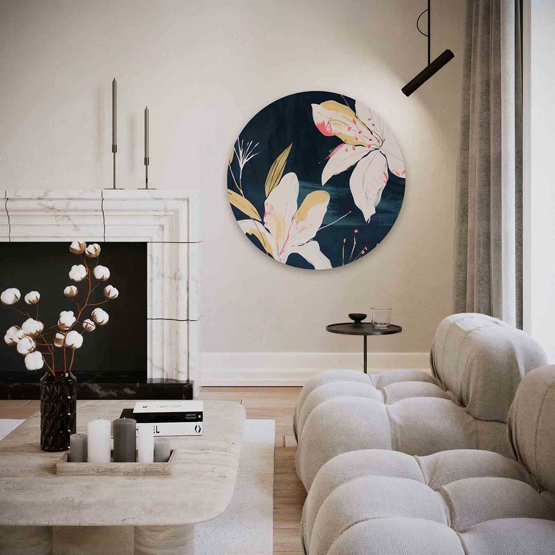 Witte bloemen – abstracte textuur muurcirkel als wanddecoratie