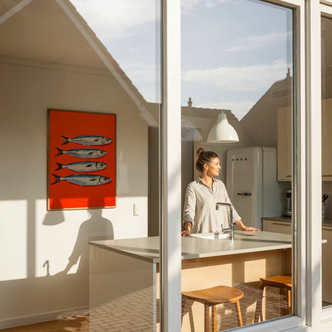 Vier Visjes op een Rijk Oranje Canvas – keukenposter in staand formaat