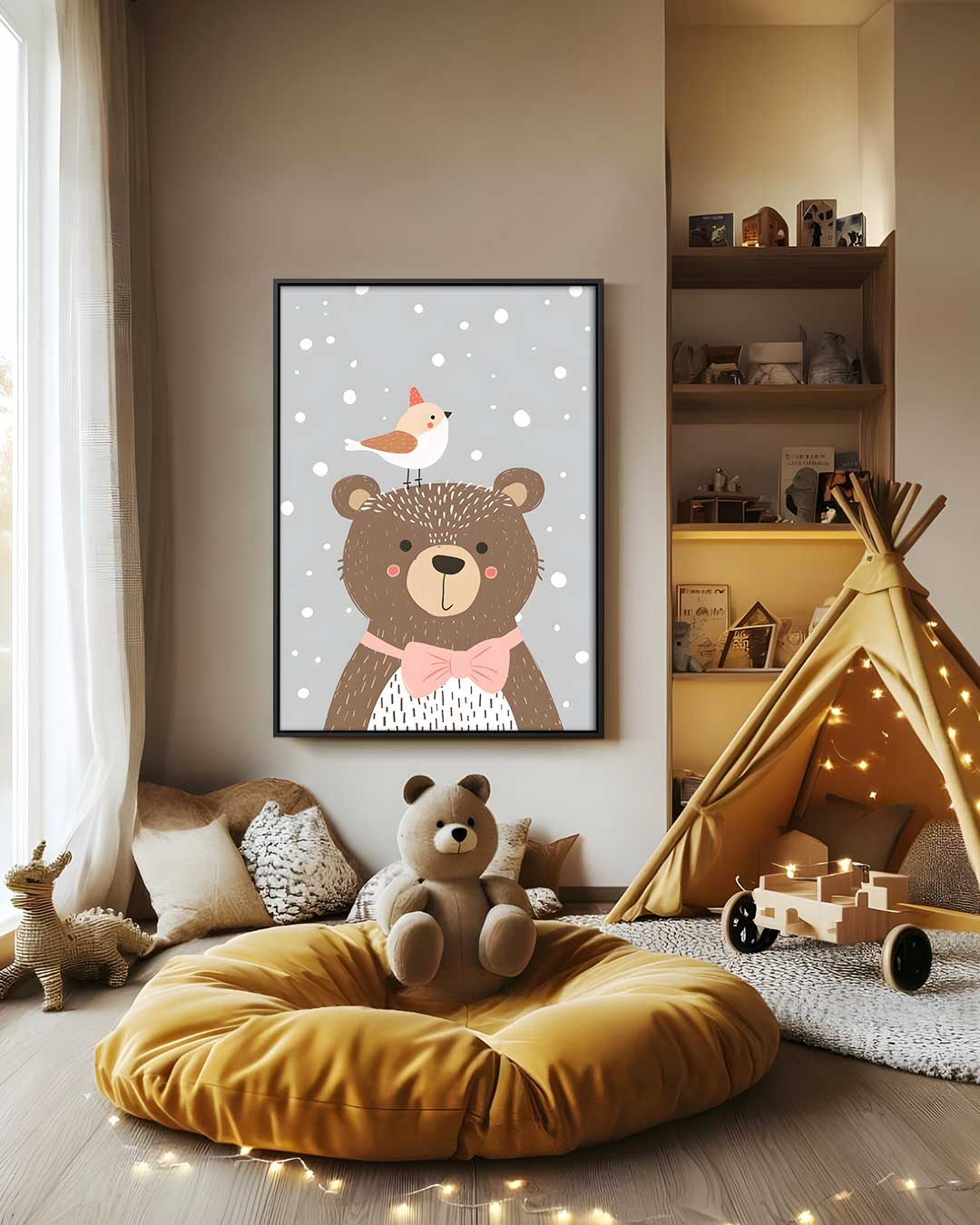Vrolijke Beer en Vogel Winterillustratie – staand kunstwerk voor modern interieur