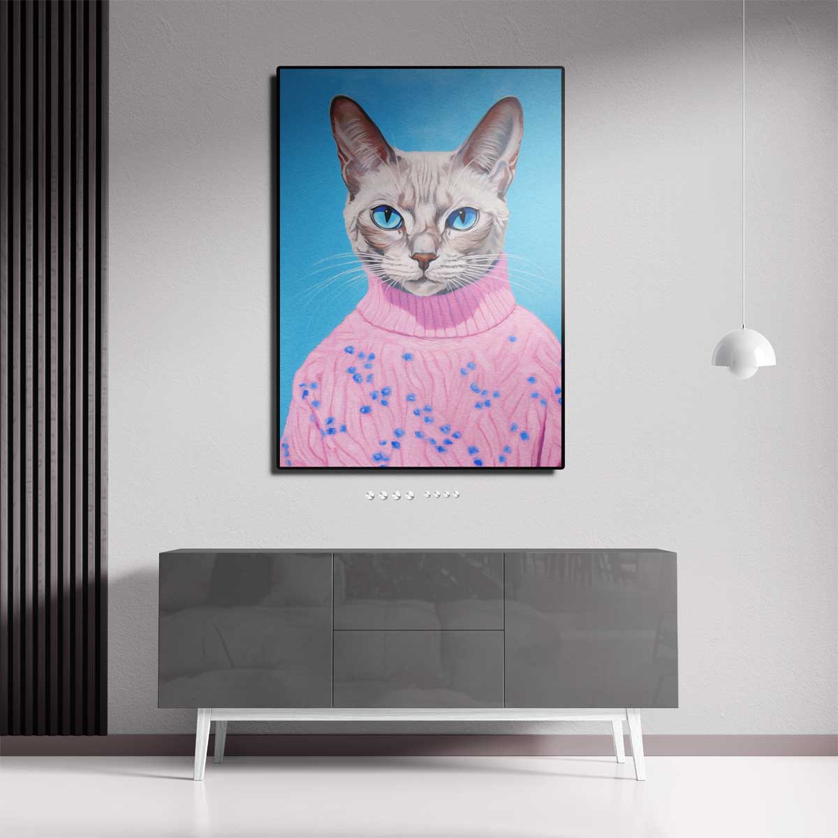 Kat in Roze Trui Portret – canvas kunstwerk als wanddecoratie