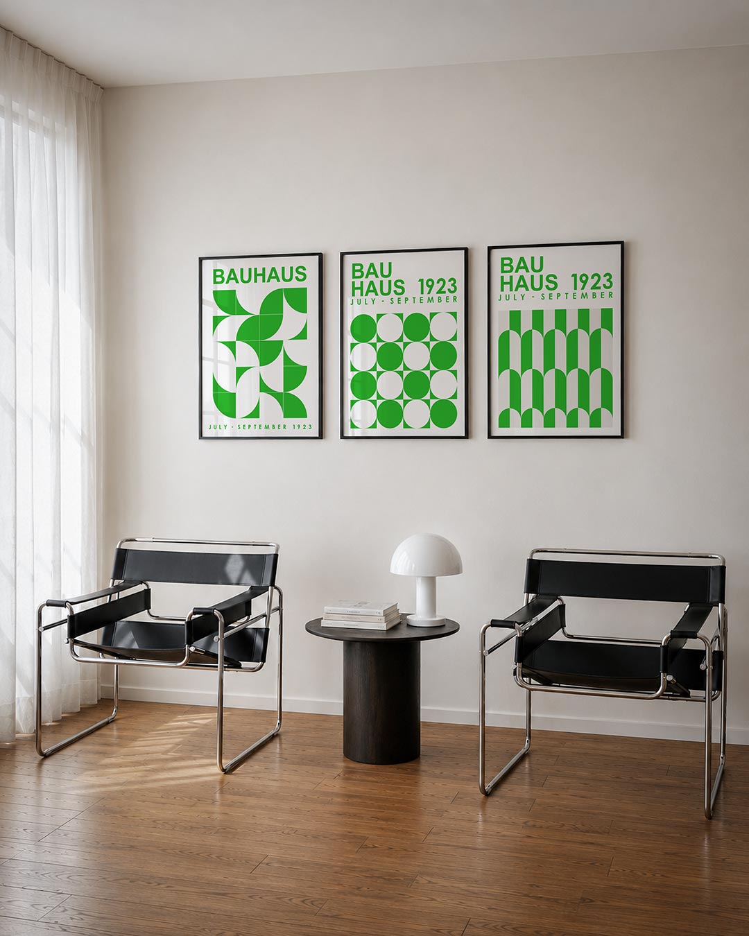 Groene vormenritme posterset – tweede productweergave – deze posterset in drie delen toont een levendig spel van groene en