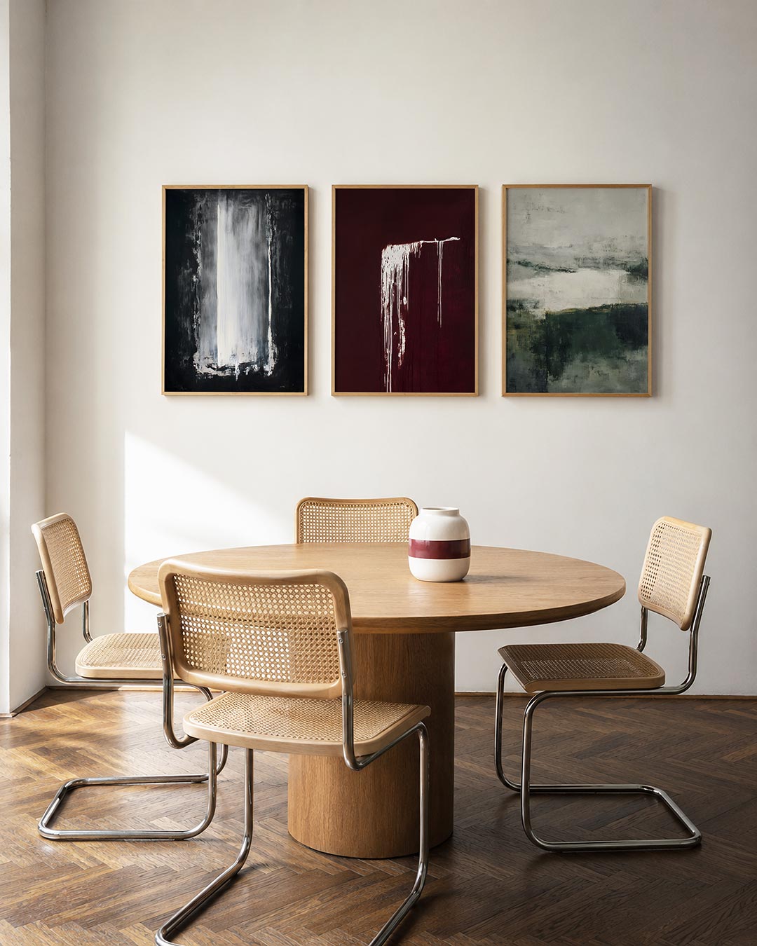 Licht en schaduw posterset – derde productweergave – een verticale witte baan omringd door donkere tinten, met