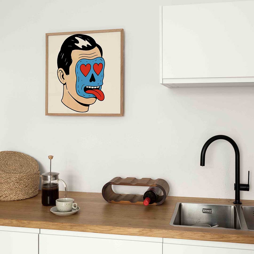 Blauw masker met rode harten – kleurrijke Pop Art poster in vierkant formaat