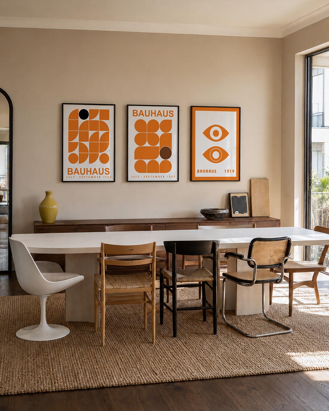 Vorm en kleurenspel posterset – tweede productweergave – deze posterset in drie delen toont een dynamisch spel van oranje en